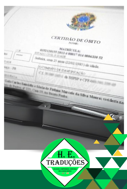 Certidão de Óbito traduzida por H.E. Traduções.