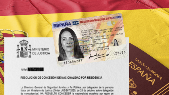 Documentos para Nacionalidad Española 3 Documento oficial de concessão de nacionalidade espanhola com uma identidade e um passaporte ao fundo