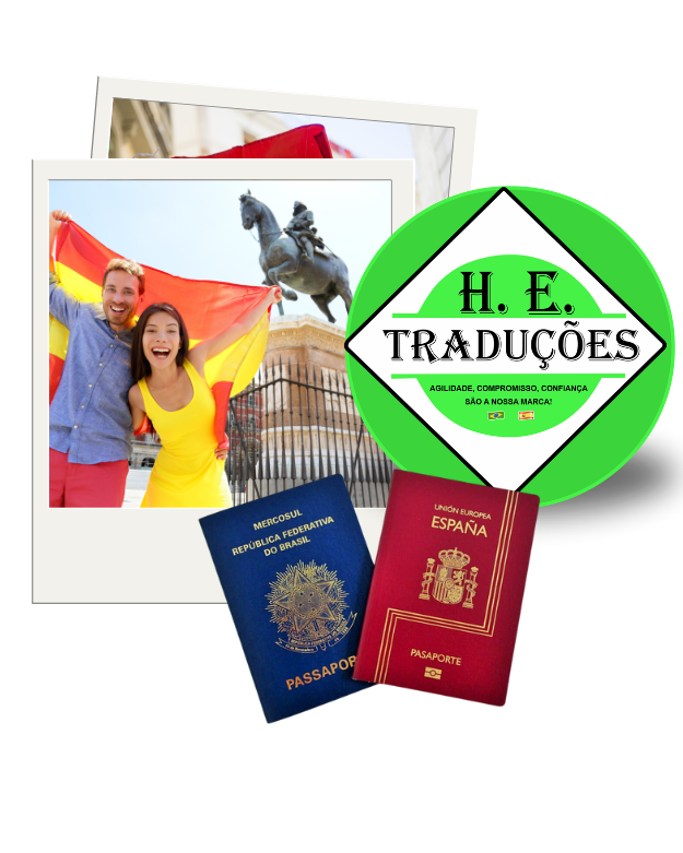 Elementos gráficos de passaportes e pessoas representando o serviço da HE Traduções
