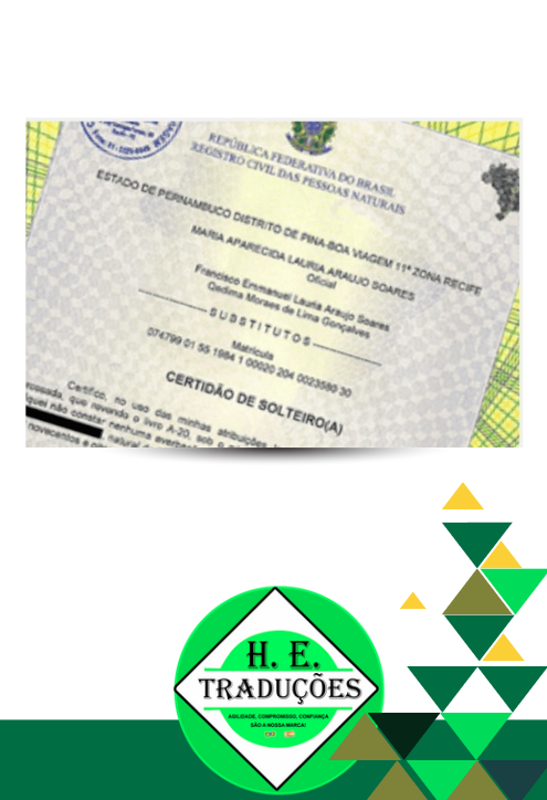 Certificado de Estado Civil 5 Certidão de Solteiro traduzida por H.E. Traduções.
