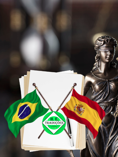 Documentos jurídicos com bandeiras do Brasil e da Espanha