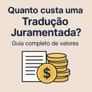 Imagem informativa da HE Traduções sobre os valores de Tradução Juramentada. Inclui ícone de moedas, documento e símbolo de dinheiro, destacando o guia completo de preços e custos oficiais.